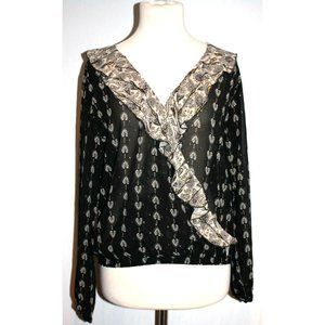 Senlis Women 3/4 Sleeve Top Shirt Deep V Black Beige Gold Size Medium M NEW